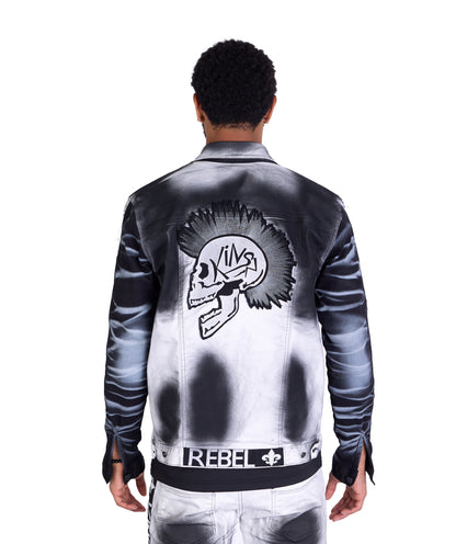 KINGZ men's biker jeans jacket, skull motif, slim fit, model 1825, white 