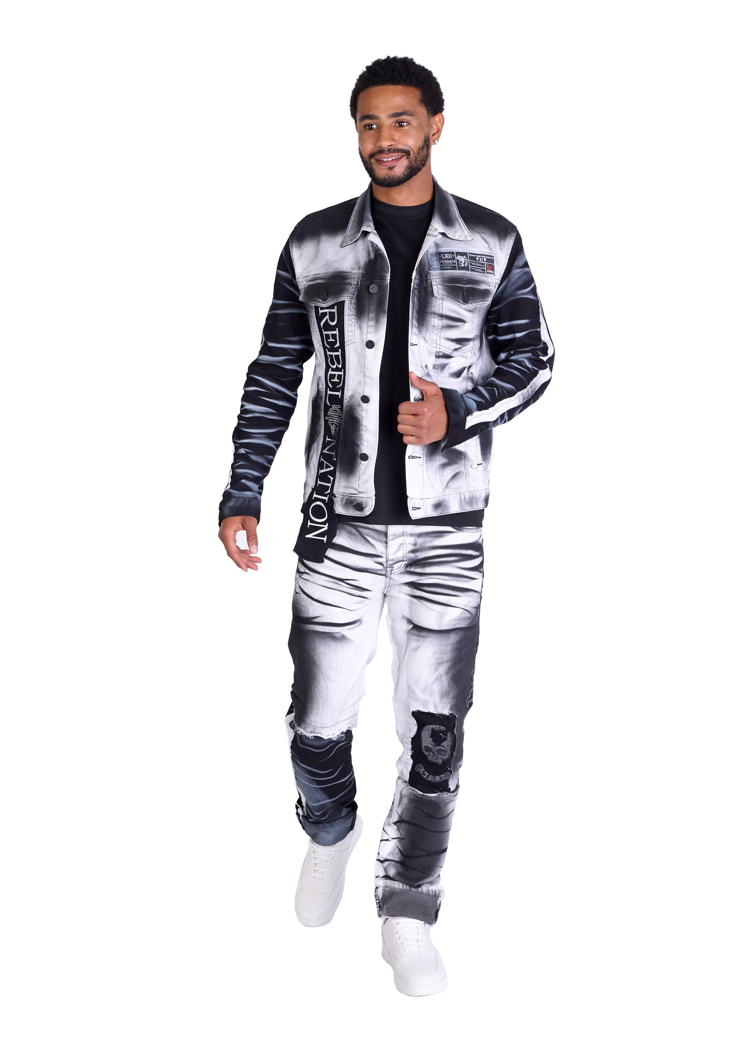 KINGZ men's biker jeans jacket, skull motif, slim fit, model 1825, white 