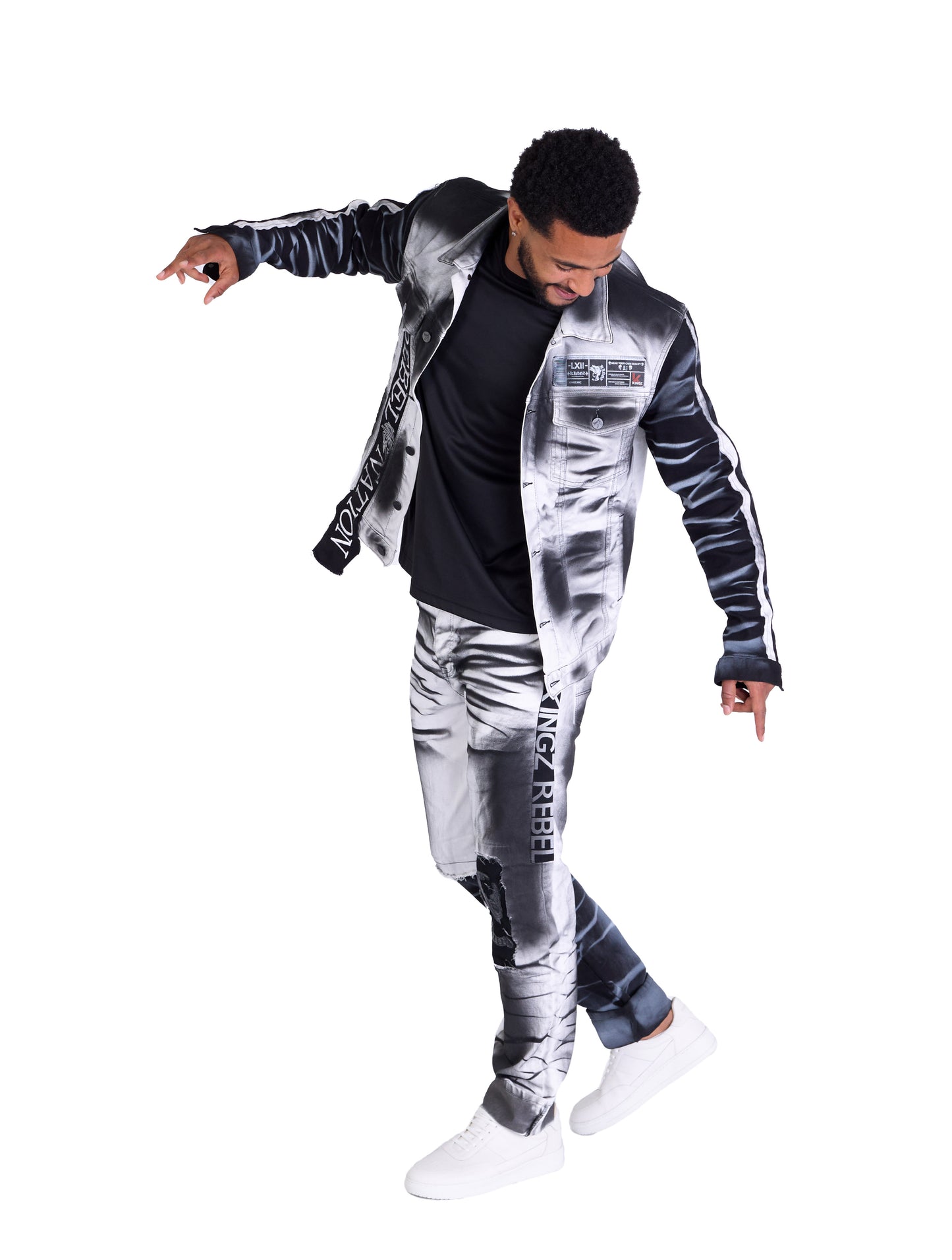 KINGZ men's biker jeans jacket, skull motif, slim fit, model 1825, white 