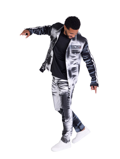 KINGZ men's biker jeans jacket, skull motif, slim fit, model 1825, white 