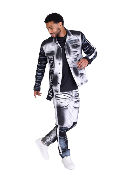 KINGZ men's biker jeans jacket, skull motif, slim fit, model 1825, white 