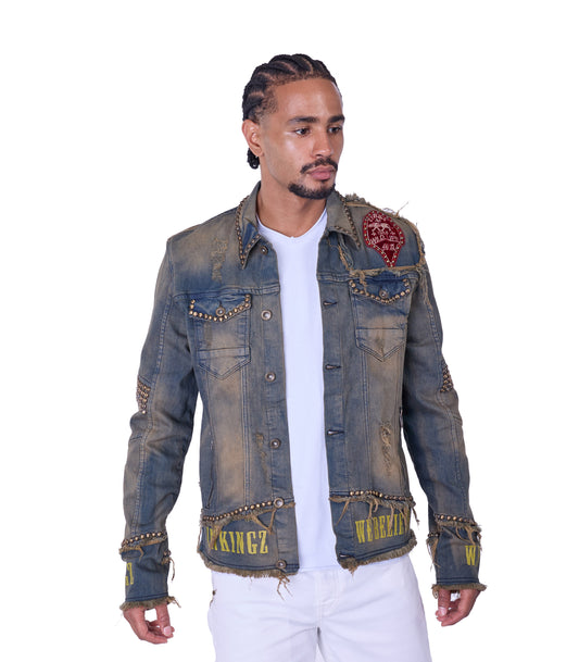 KINGZ Men's Biker Jeans Jacket, Skull Motif, Slim Fit, Model 1719, Army