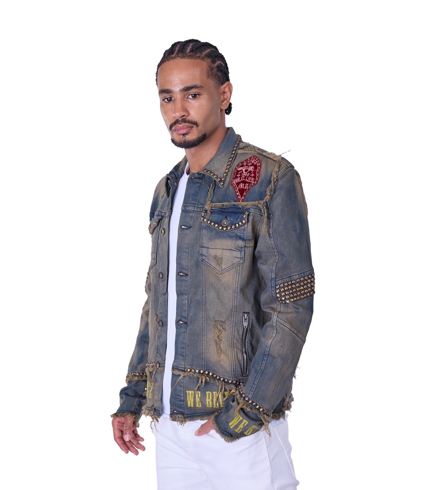 KINGZ Herren Biker Nietenjeans Jacke, Retro Look , Slim Fit, Modell 1740