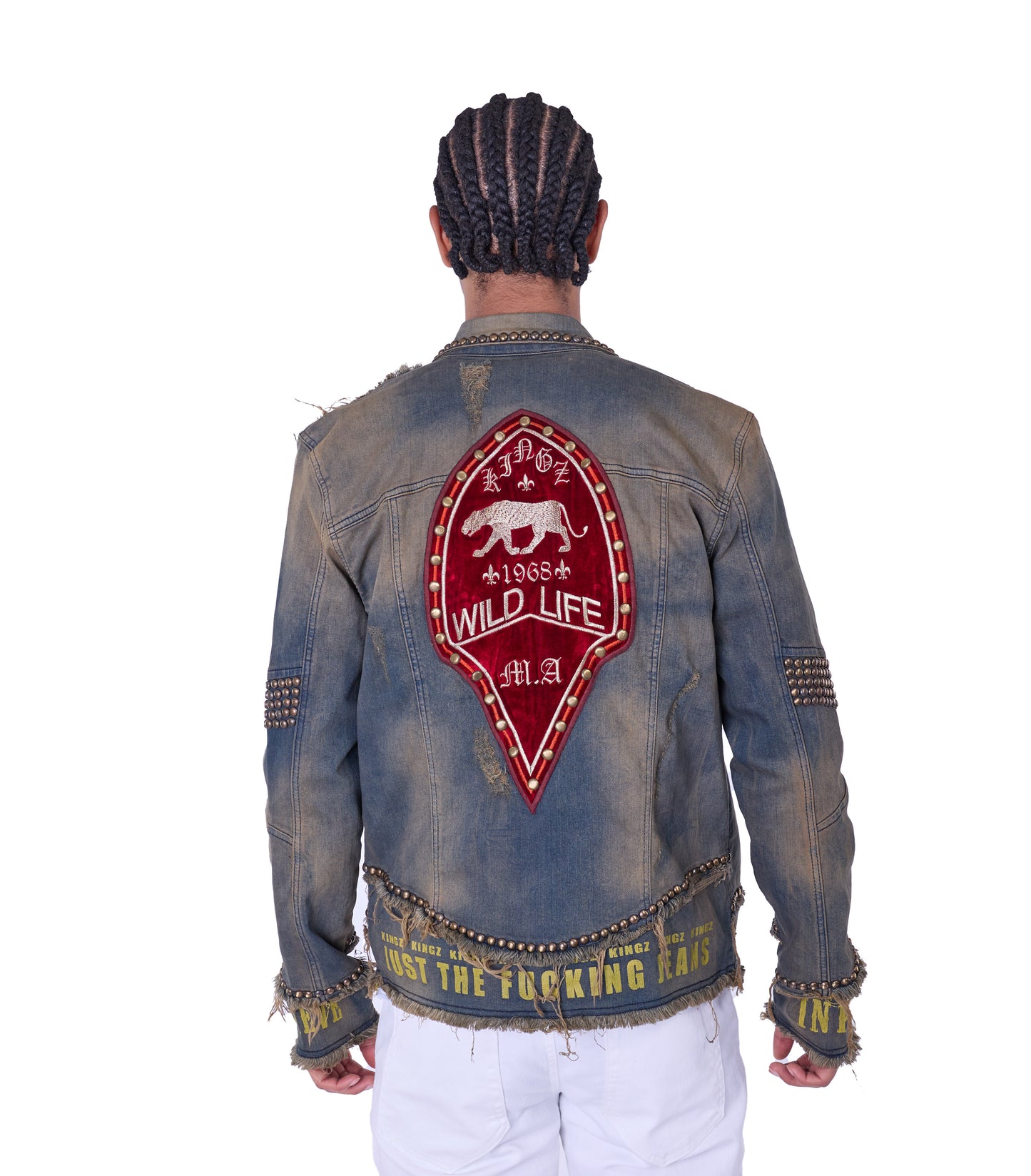 KINGZ Herren Biker Nietenjeans Jacke, Retro Look , Slim Fit, Modell 1740
