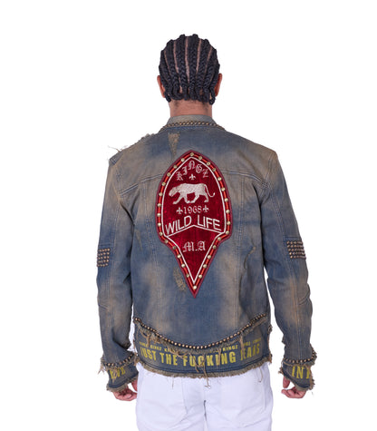 KINGZ Herren Biker Nietenjeans Jacke, Retro Look , Slim Fit, Modell 1740