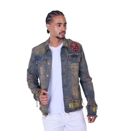 KINGZ Herren Biker Nietenjeans Jacke, Retro Look , Slim Fit, Modell 1740