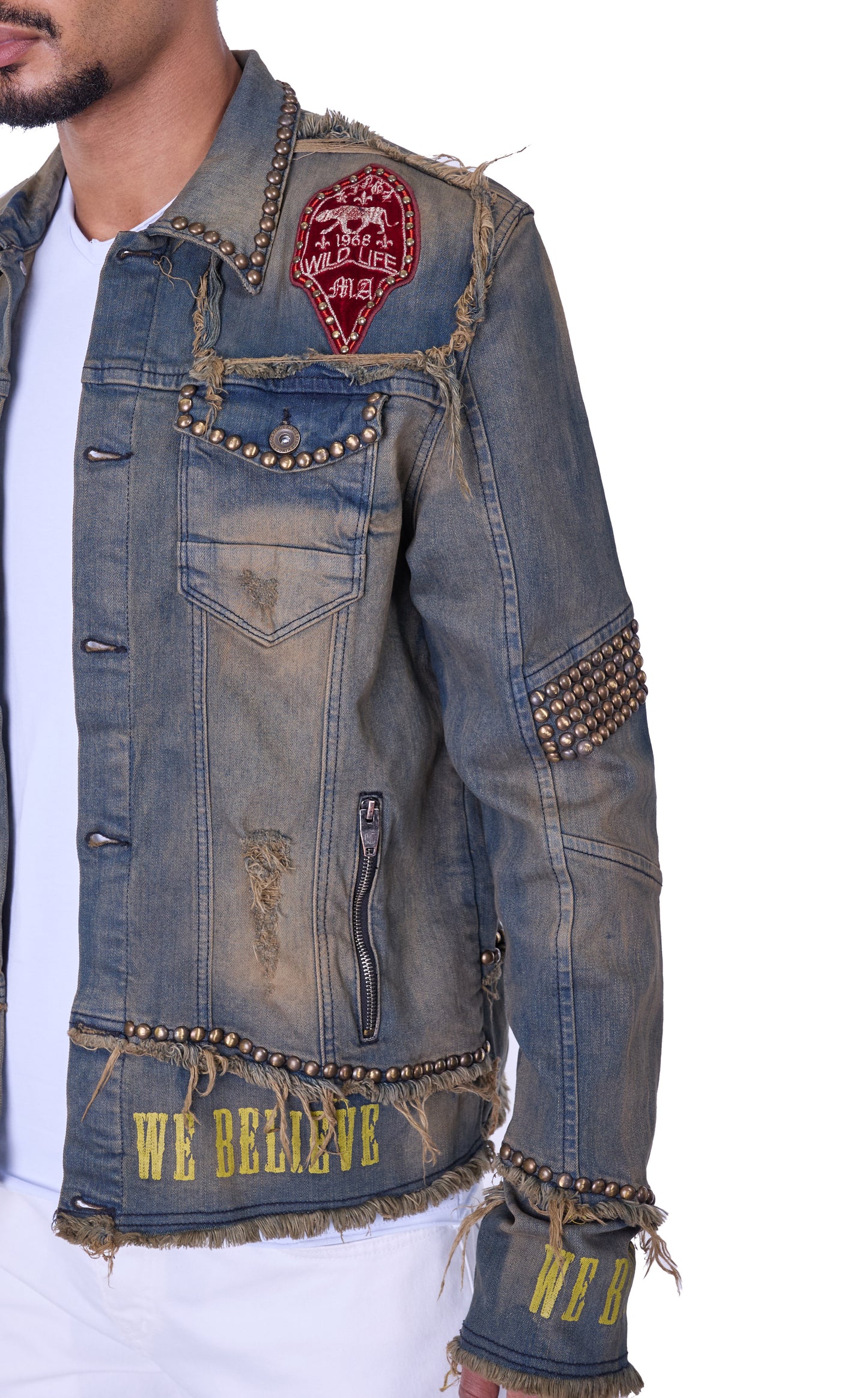 KINGZ Herren Biker Nietenjeans Jacke, Retro Look , Slim Fit, Modell 1740