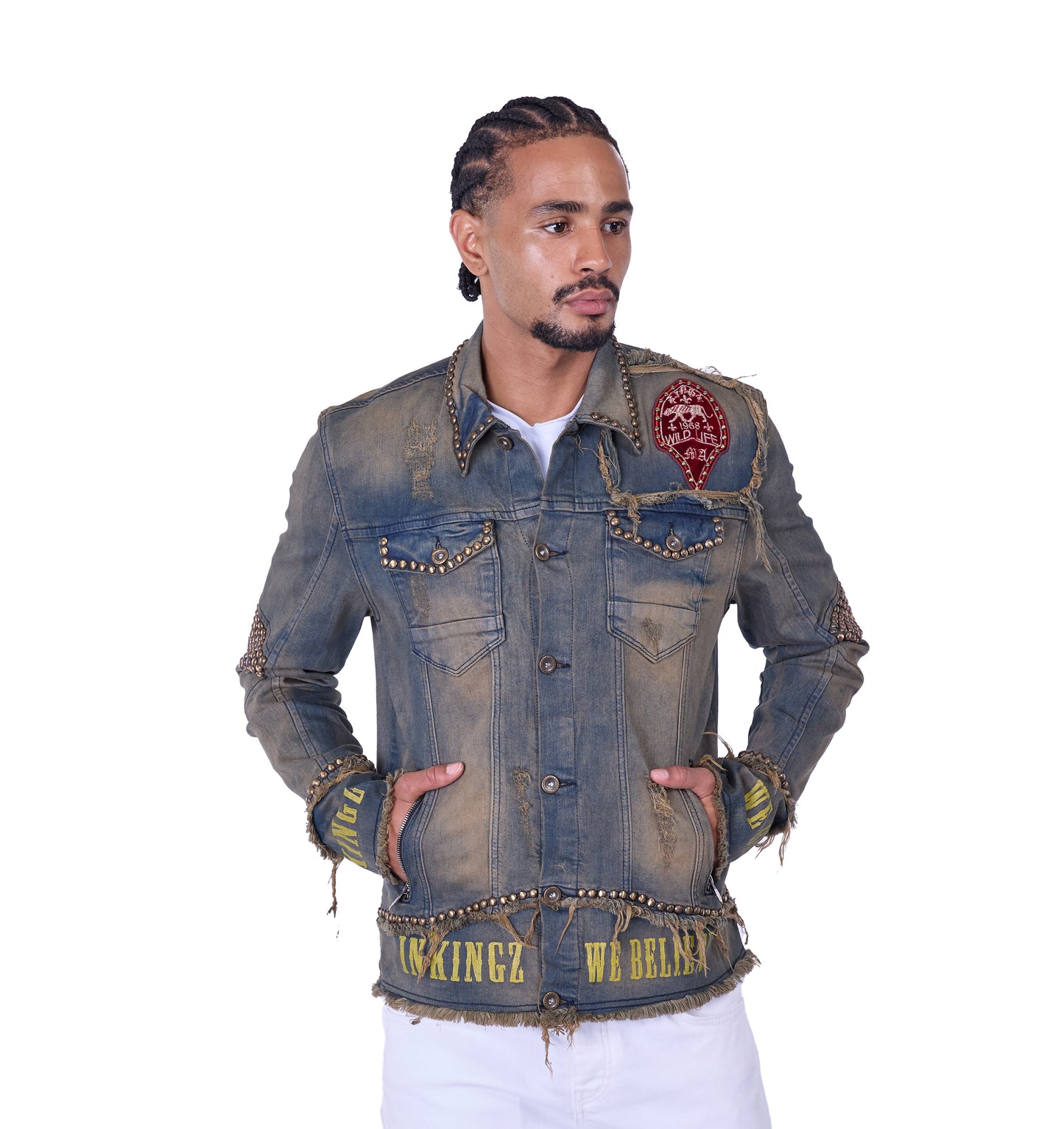KINGZ Herren Biker Nietenjeans Jacke, Retro Look , Slim Fit, Modell 1740