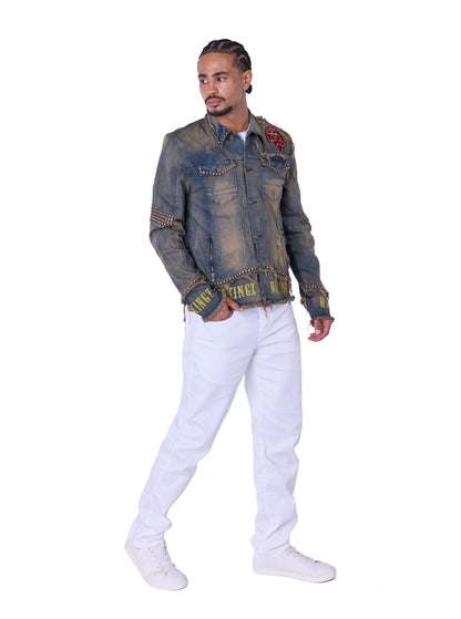 KINGZ Herren Biker Nietenjeans Jacke, Retro Look , Slim Fit, Modell 1740