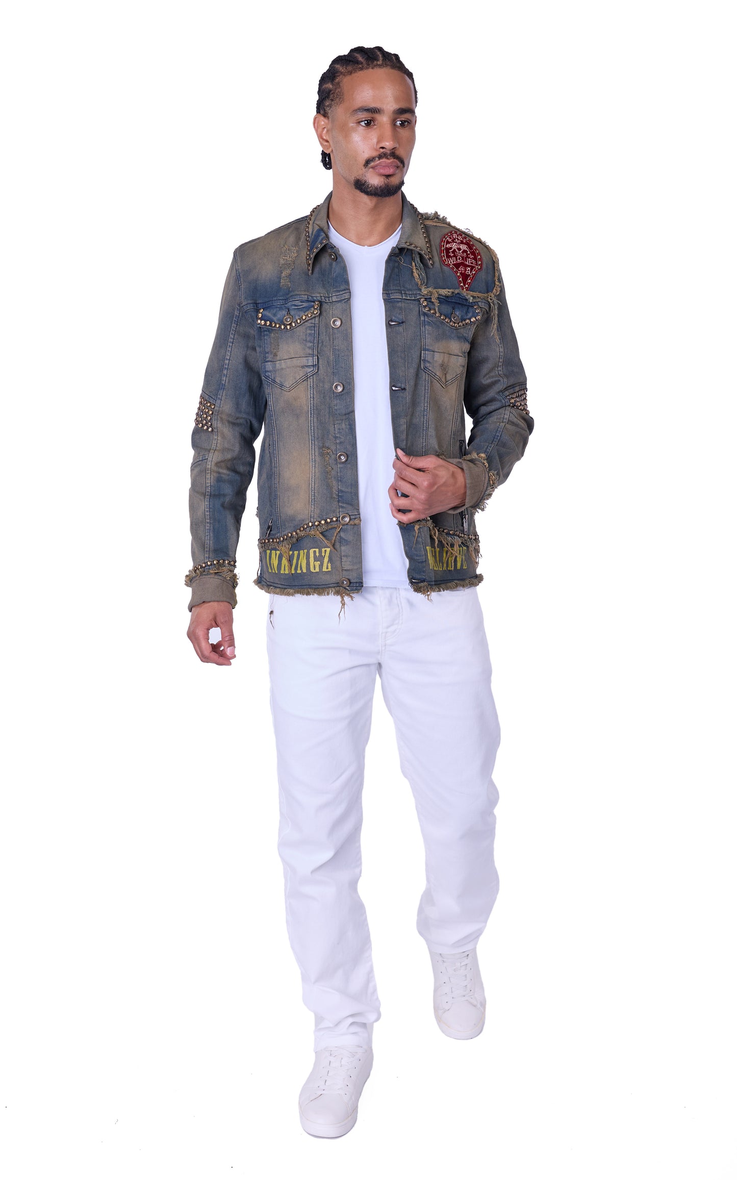 KINGZ Herren Biker Nietenjeans Jacke, Retro Look , Slim Fit, Modell 1740