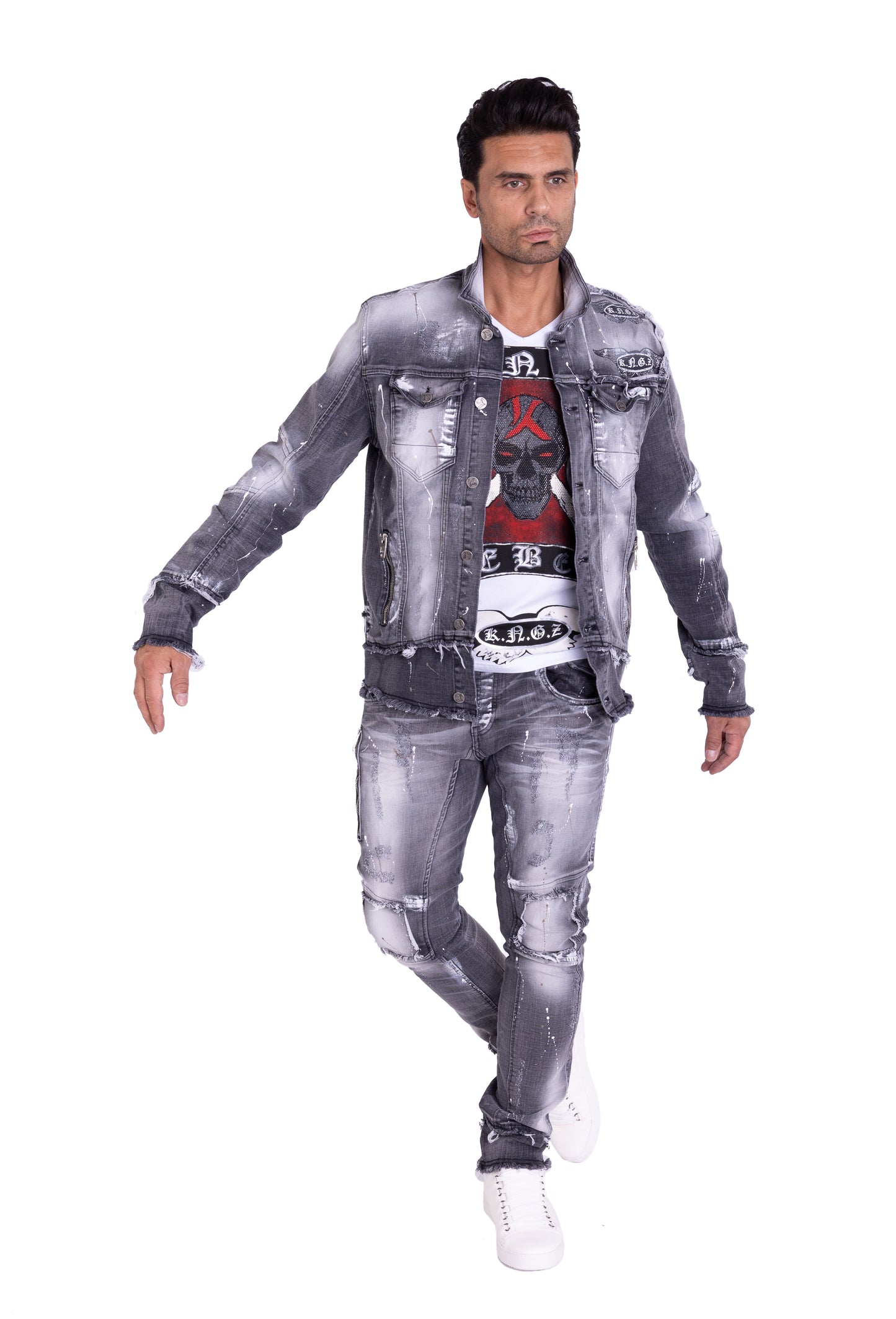 KINGZ Herren Designer Jeans, Slim Fit, Modell 1728 Grau