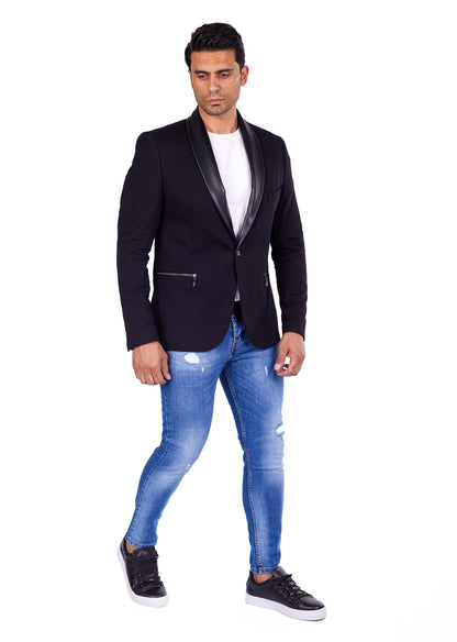 DENIM DISTRIQT Herren Sakko, Jersey Blazer, "Black Skull" Totenkopf Motiv, Modell DQT8, Schwarz