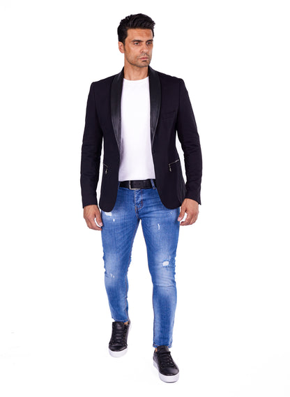 DENIM DISTRIQT Herren Sakko, Jersey Blazer, "Black Skull" Totenkopf Motiv, Modell DQT8, Schwarz