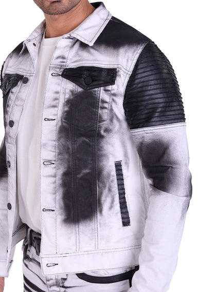 KINGZ Herren Designer Jeansjacke, Slim Fit, Batik-Look, Modell 1401-2, Weiß/Schwarz