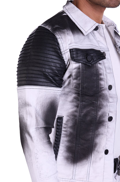 KINGZ Herren Designer Jeansjacke, Slim Fit, Batik-Look, Modell 1401-2, Weiß/Schwarz