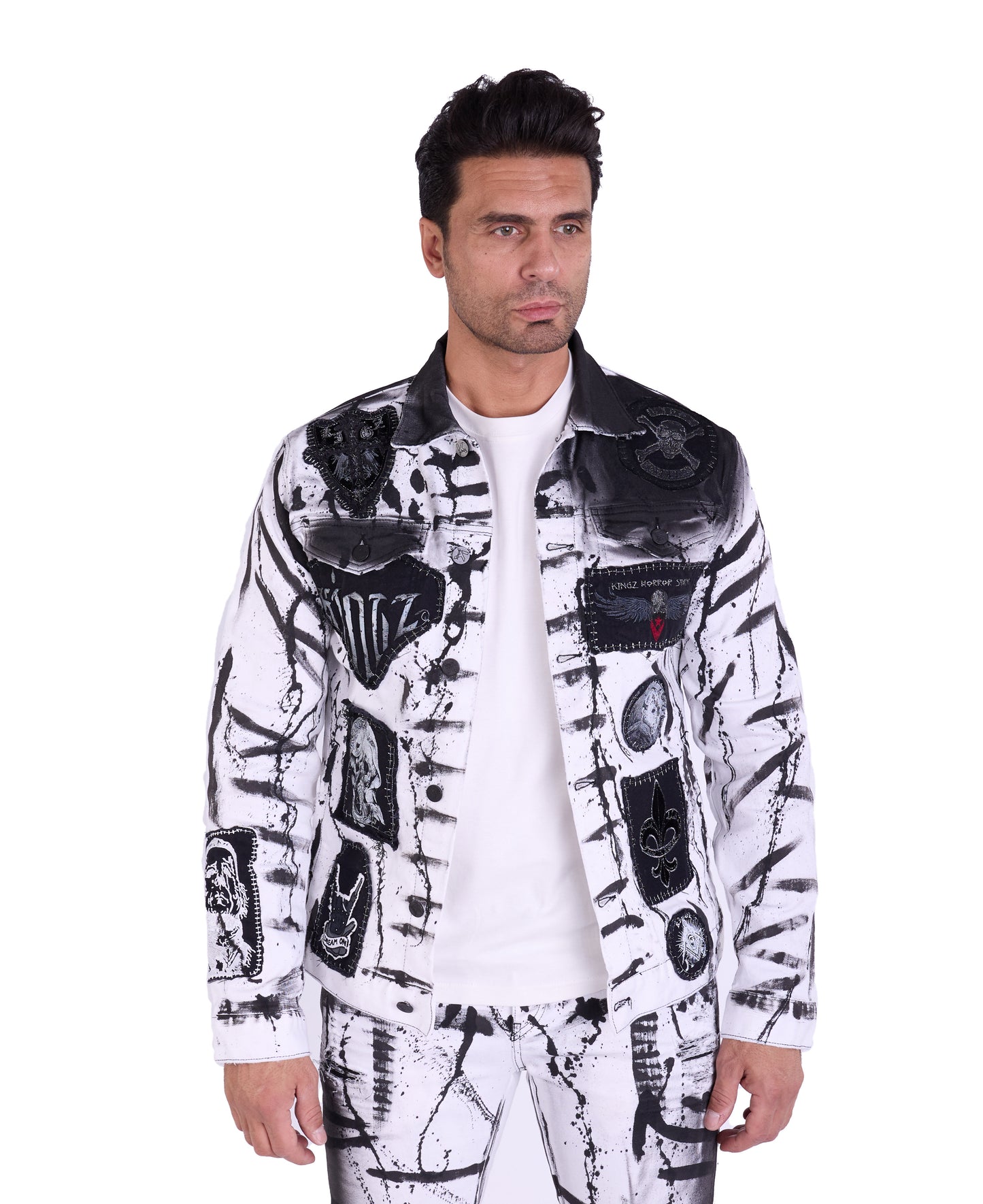 KINGZ men's designer denim jacket, slim fit, model 1648-2, white/black