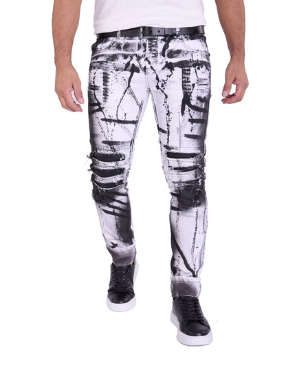 KINGZ Herren Designer Biker Jeans, Slim Fit, Modell 1505-2, White/Black