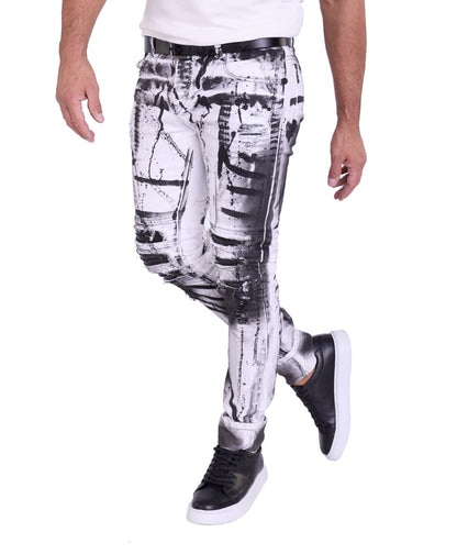KINGZ Herren Designer Biker Jeans, Slim Fit, Modell 1505-2, White/Black