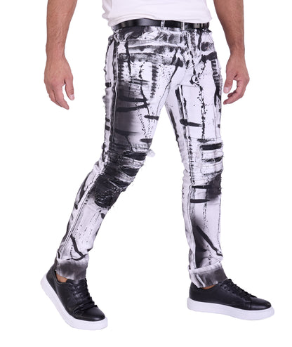 KINGZ Herren Designer Biker Jeans, Slim Fit, Modell 1505-2, White/Black