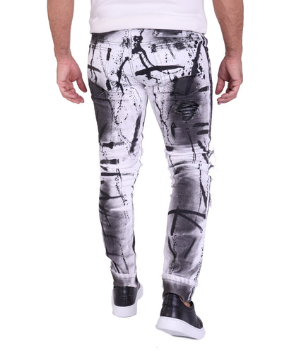 KINGZ Herren Designer Biker Jeans, Slim Fit, Modell 1505-2, White/Black