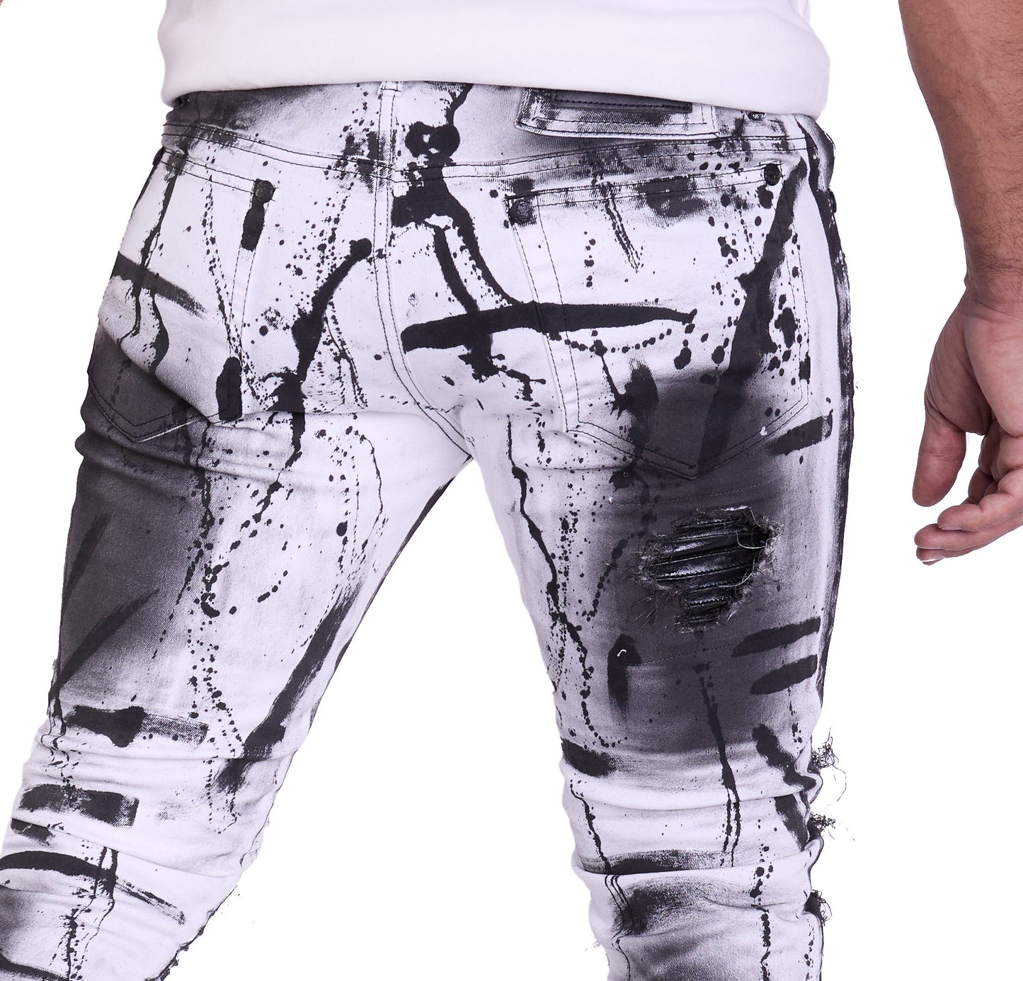 KINGZ Herren Designer Biker Jeans, Slim Fit, Modell 1505-2, White/Black