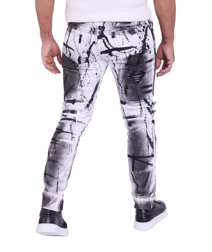 KINGZ Herren Designer Biker Jeans, Slim Fit, Modell 1505-2, White/Black
