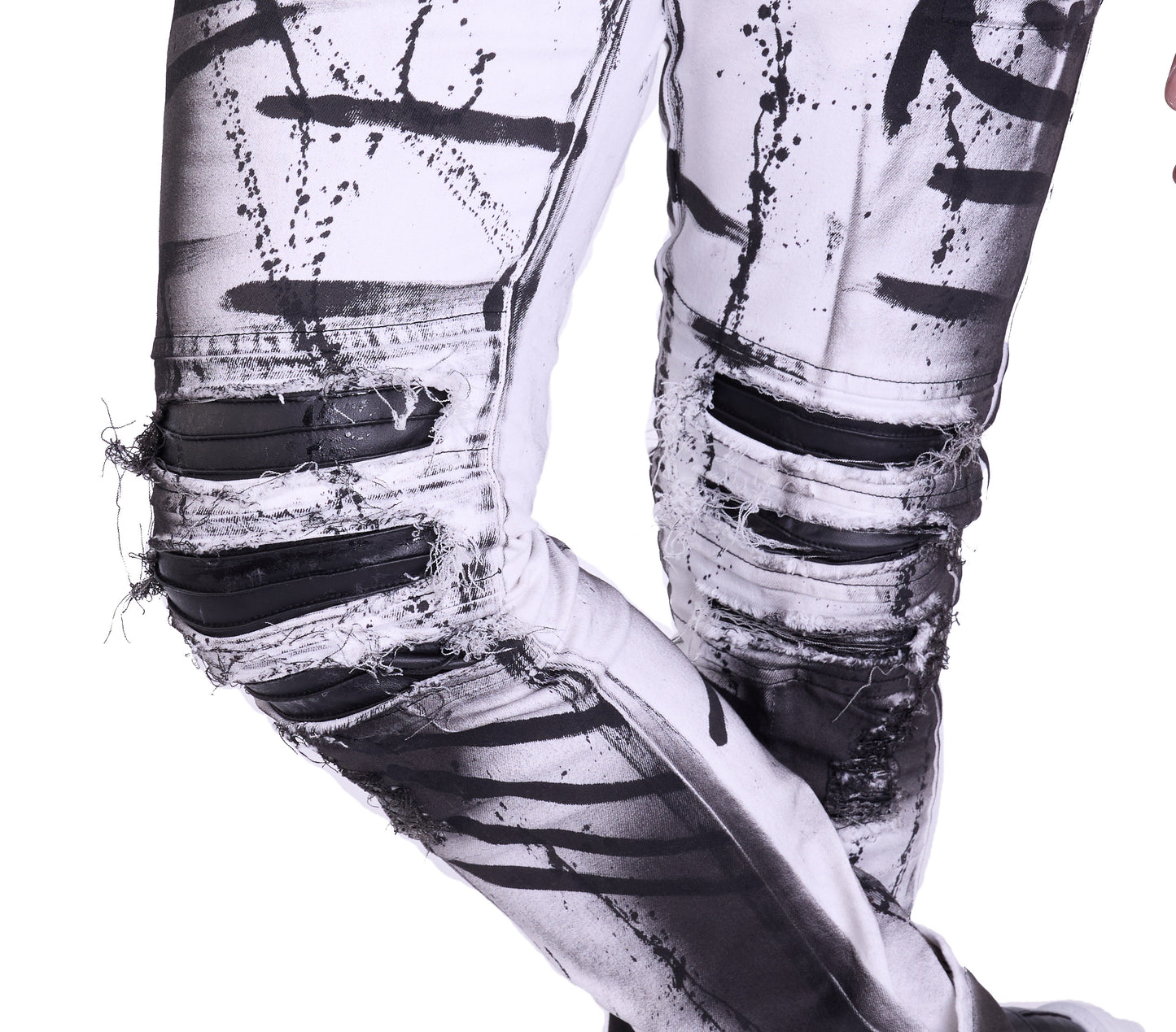 KINGZ Herren Designer Biker Jeans, Slim Fit, Modell 1505-2, White/Black