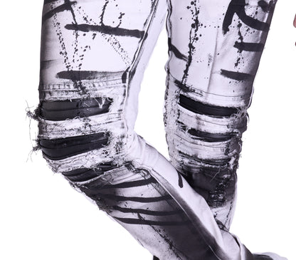 KINGZ Herren Designer Biker Jeans, Slim Fit, Modell 1505-2, White/Black