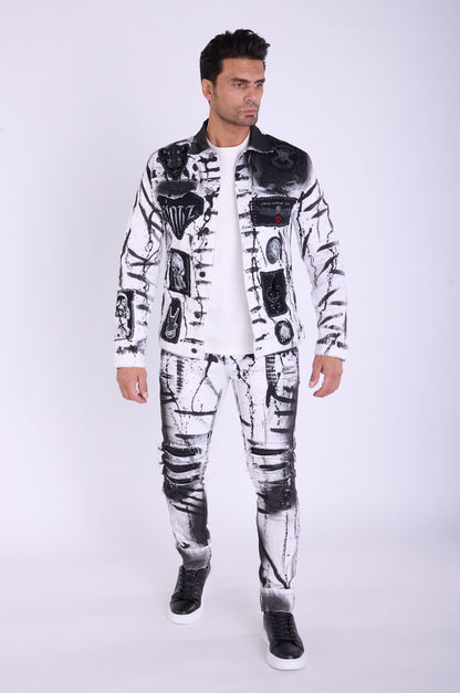 KINGZ Herren Designer Biker Jeans, Slim Fit, Modell 1505-2, White/Black