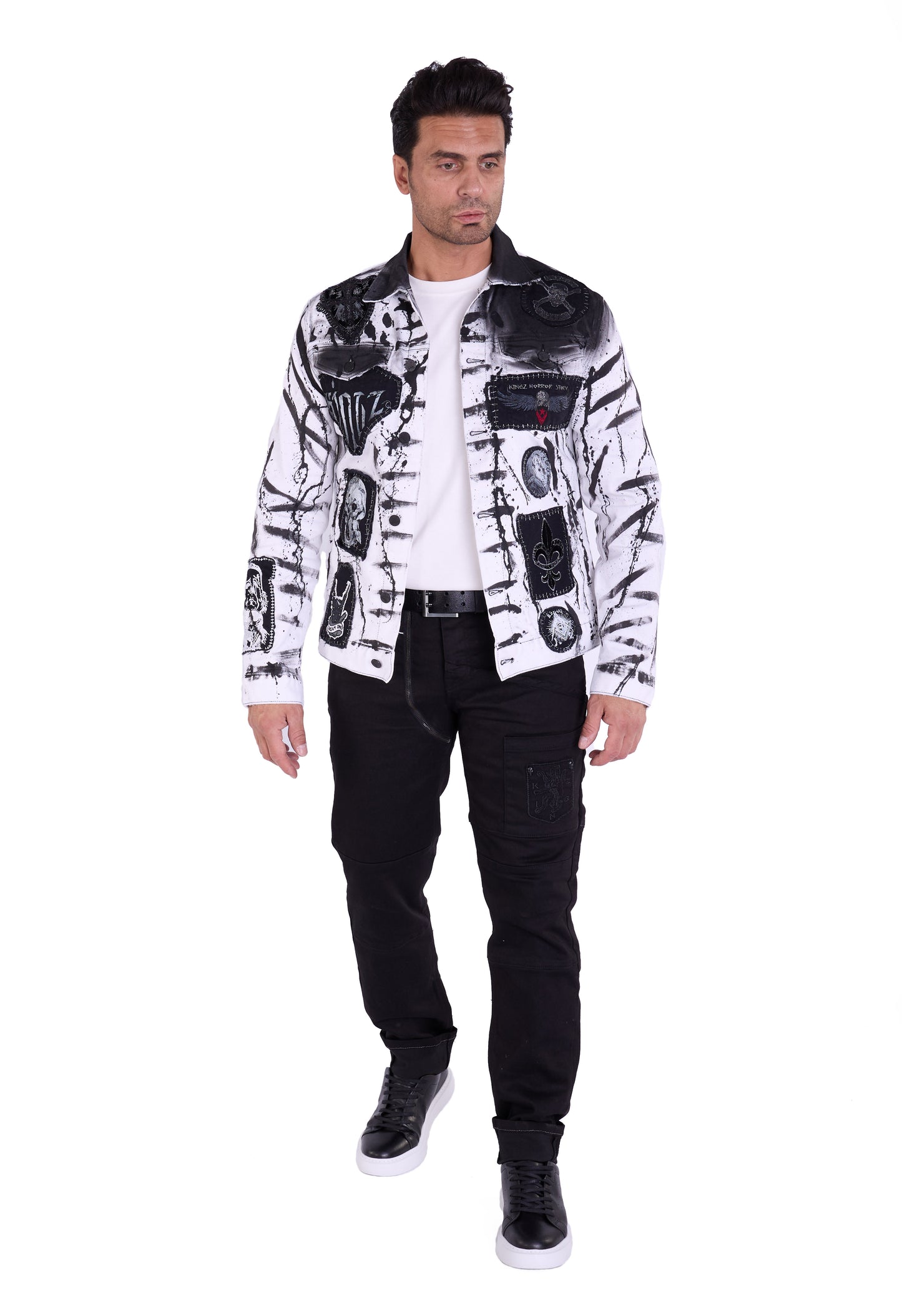 KINGZ men's designer denim jacket, slim fit, model 1648-2, white/black