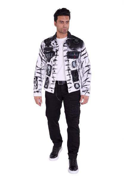 KINGZ men's designer denim jacket, slim fit, model 1648-2, white/black
