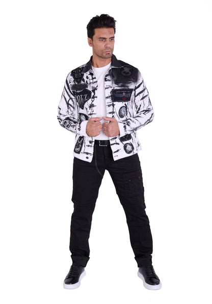 KINGZ men's designer denim jacket, slim fit, model 1648-2, white/black