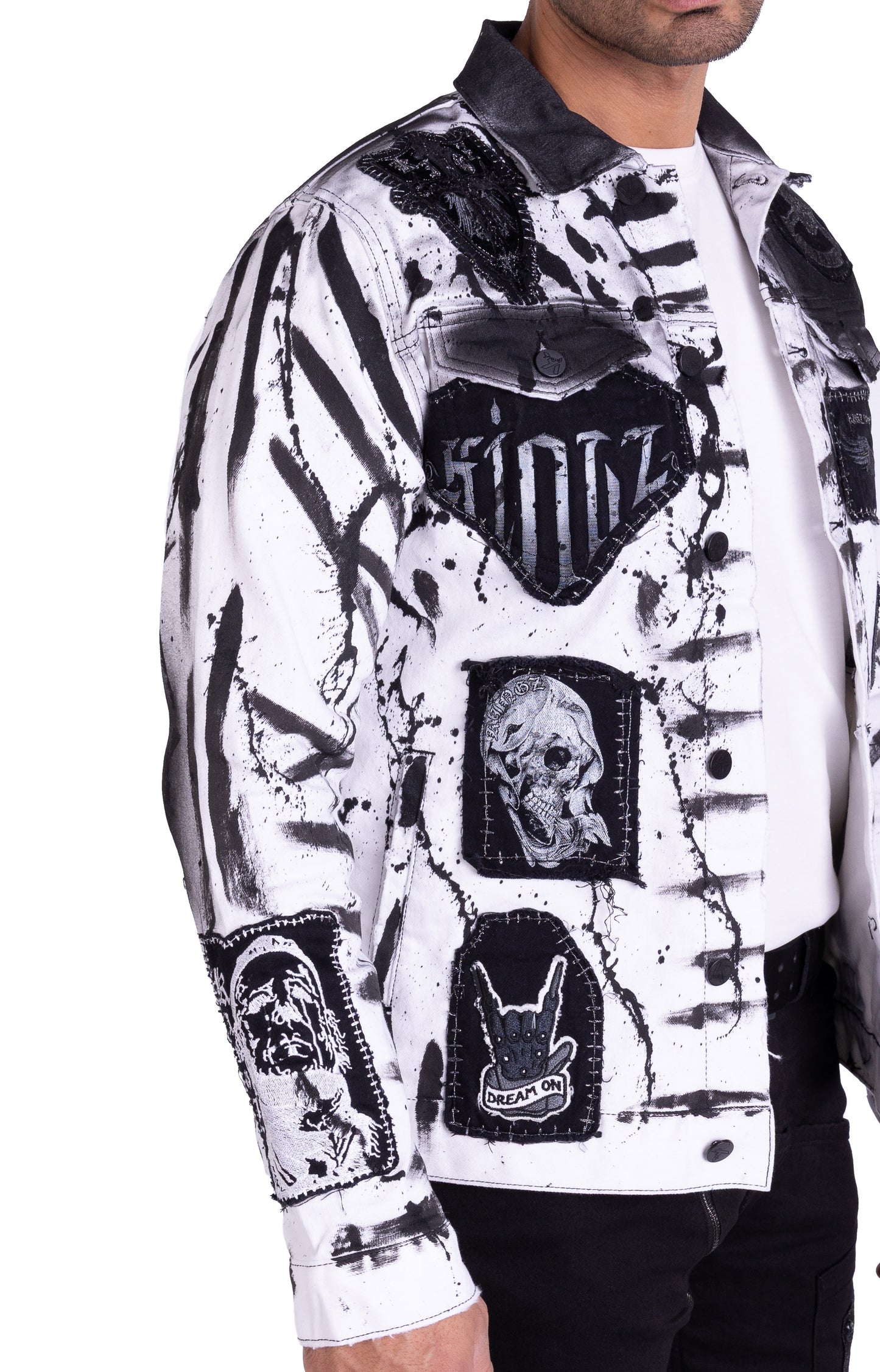 KINGZ men's designer denim jacket, slim fit, model 1648-2, white/black