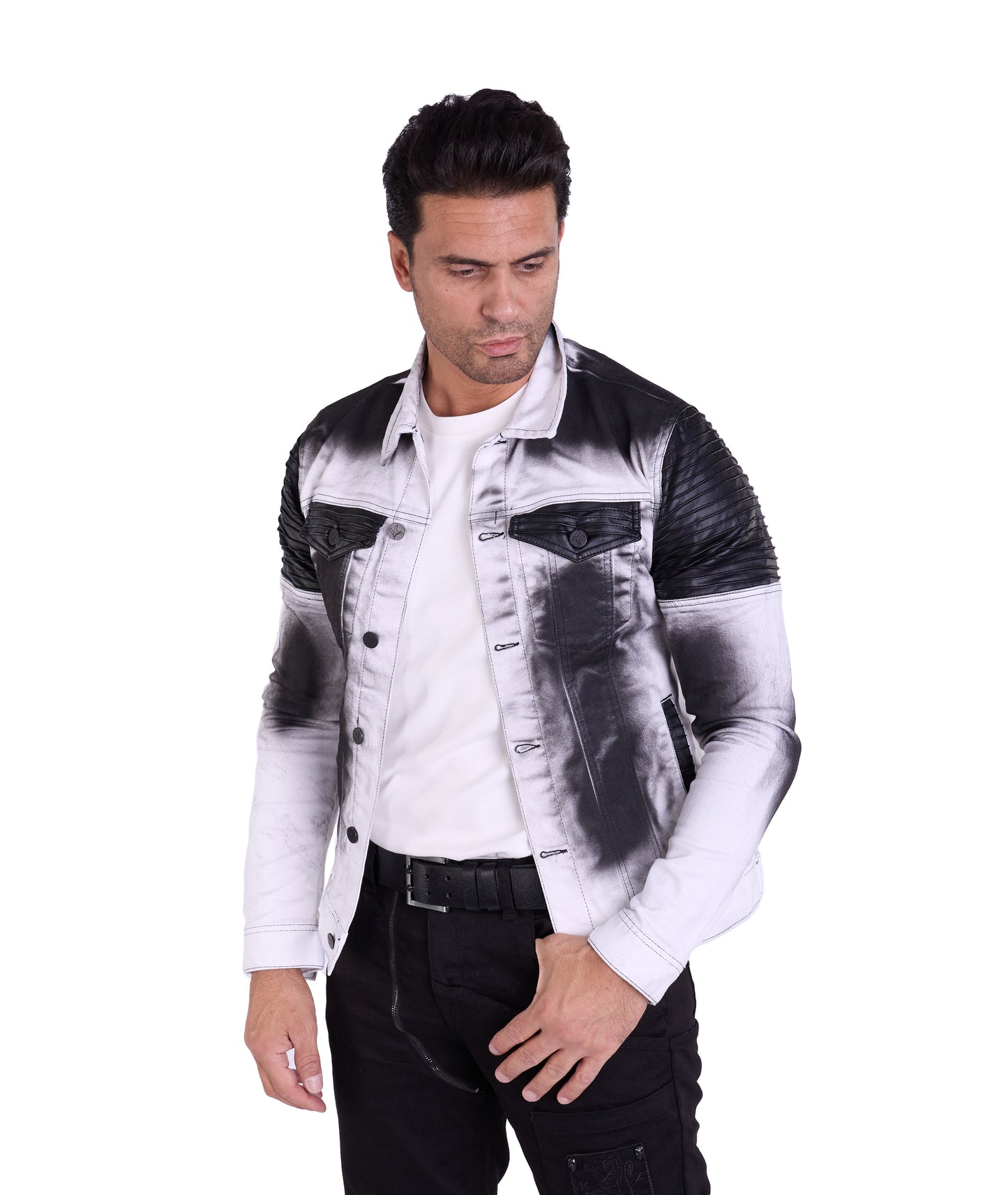 KINGZ Herren Designer Jeansjacke, Slim Fit, Batik-Look, Modell 1401-2, Weiß/Schwarz