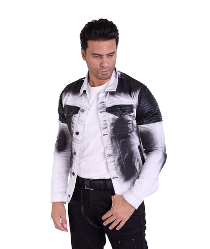 KINGZ Herren Designer Jeansjacke, Slim Fit, Batik-Look, Modell 1401-2, Weiß/Schwarz