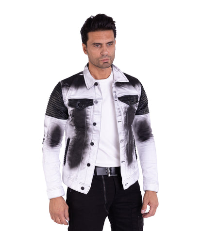 KINGZ Herren Designer Jeansjacke, Slim Fit, Batik-Look, Modell 1401-2, Weiß/Schwarz