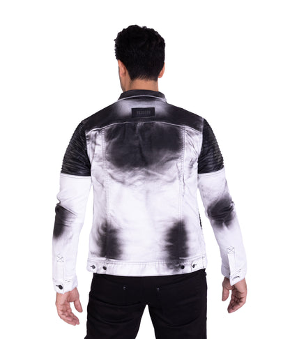 KINGZ Herren Designer Jeansjacke, Slim Fit, Batik-Look, Modell 1401-2, Weiß/Schwarz