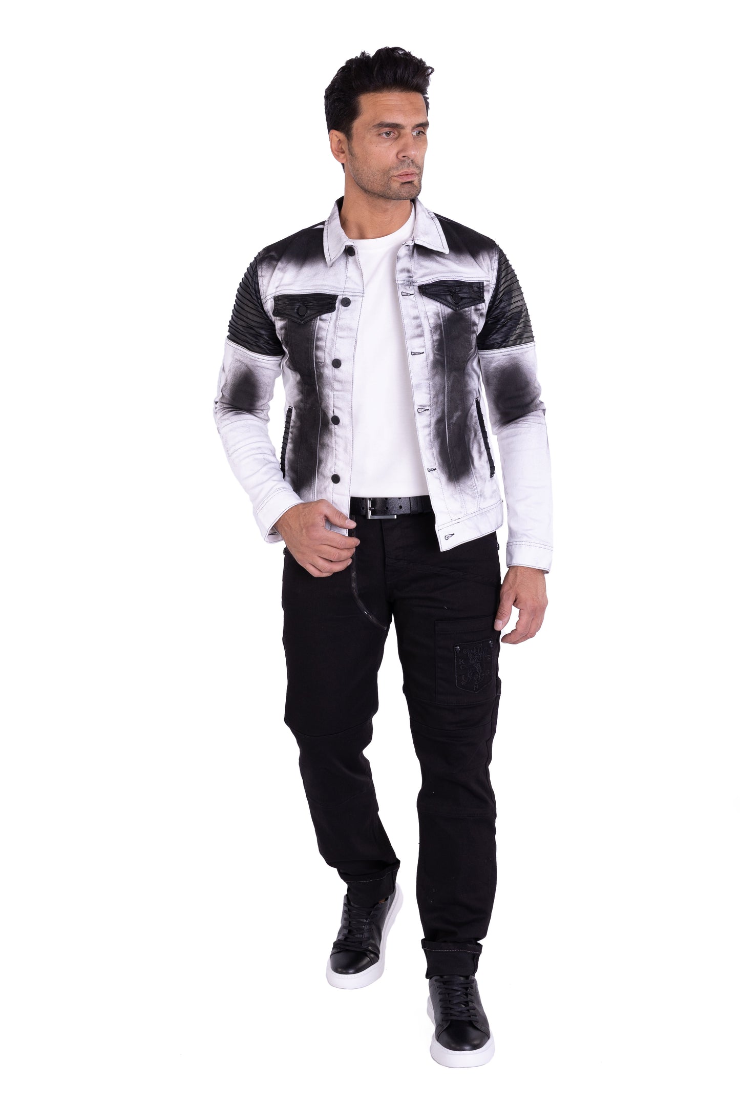 KINGZ Herren Designer Jeansjacke, Slim Fit, Batik-Look, Modell 1401-2, Weiß/Schwarz