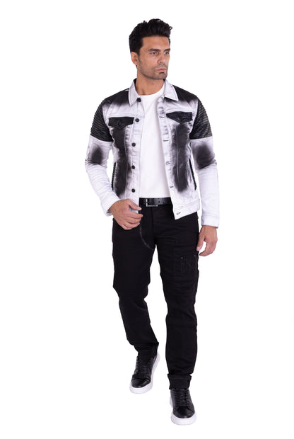 KINGZ Herren Designer Jeansjacke, Slim Fit, Batik-Look, Modell 1401-2, Weiß/Schwarz