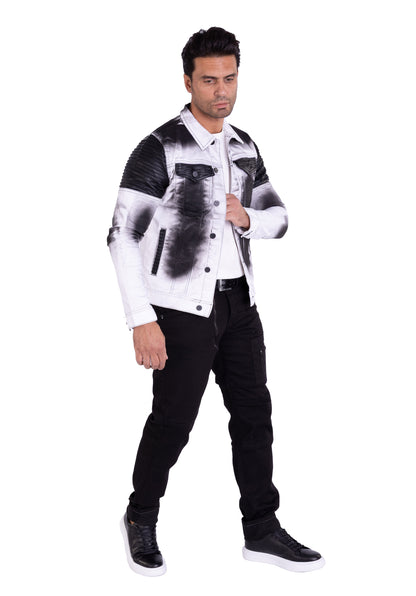 KINGZ Herren Designer Jeansjacke, Slim Fit, Batik-Look, Modell 1401-2, Weiß/Schwarz