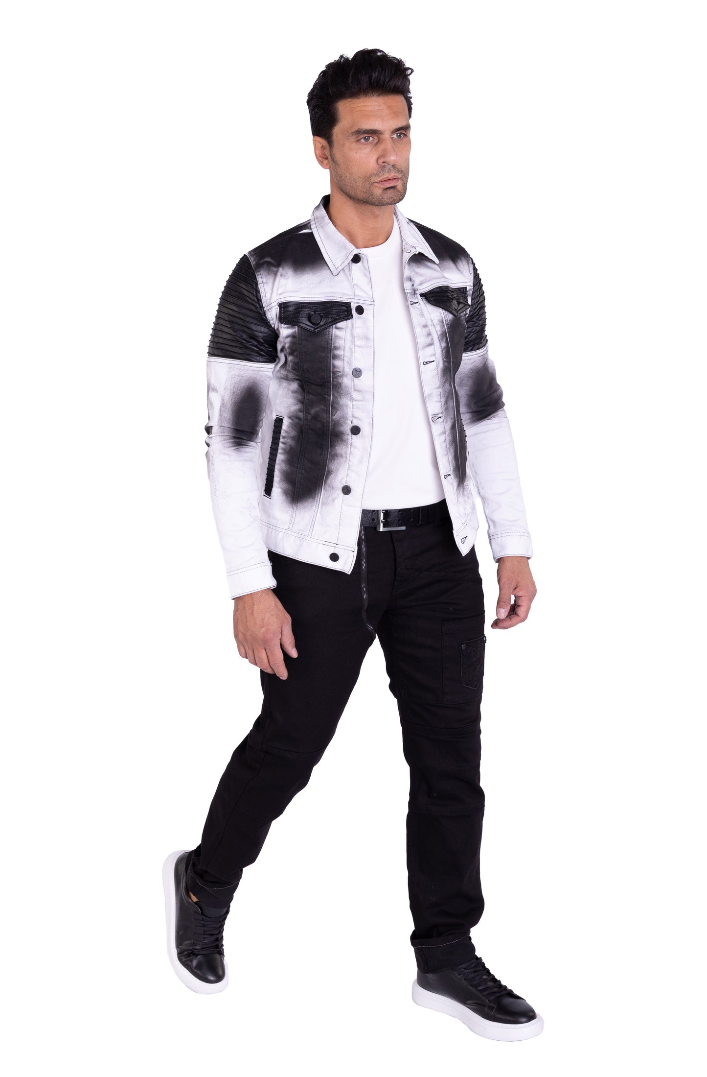 KINGZ Herren Designer Jeansjacke, Slim Fit, Batik-Look, Modell 1401-2, Weiß/Schwarz