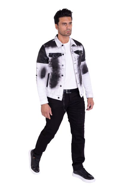 KINGZ Herren Designer Jeansjacke, Slim Fit, Batik-Look, Modell 1401-2, Weiß/Schwarz