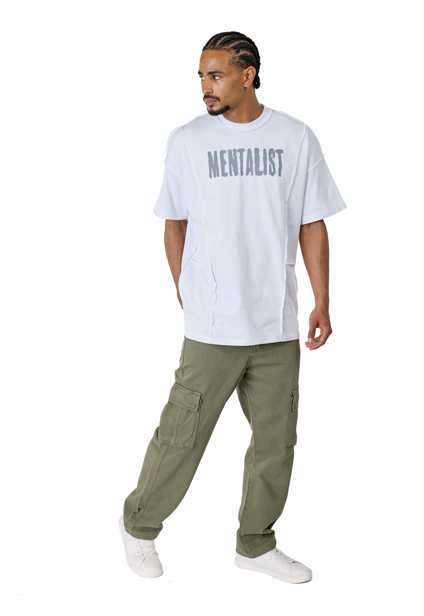 Men's T-shirt, oversize fit, "Mentalist" print, model Y118, white