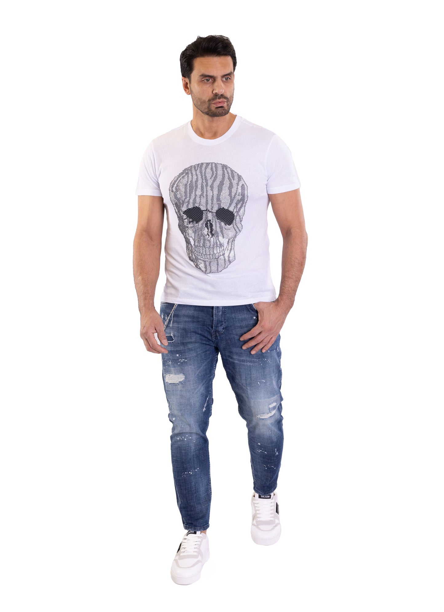 Herren T-Shirt, Body Fit, Strass Druck "Totenkopf", Modell T39