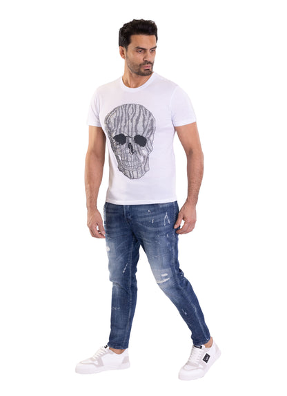 Herren T-Shirt, Body Fit, Strass Druck "Totenkopf", Modell T39