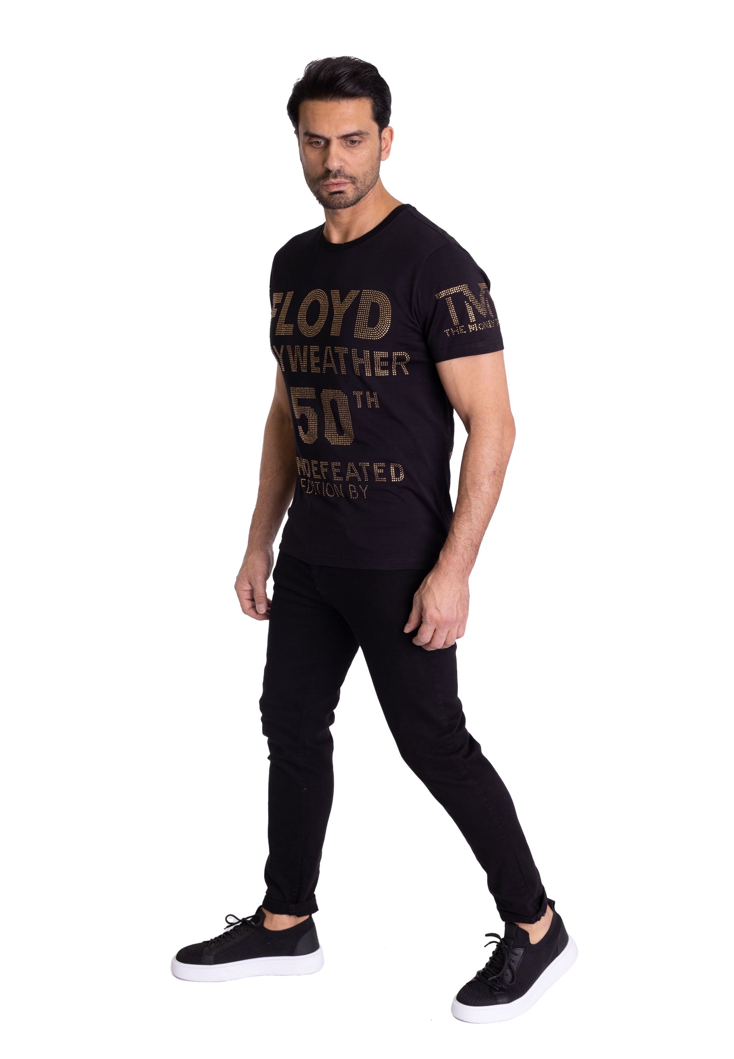 Herren T-Shirt, Body Fit, Gold Strass Statement Druck, Modell T42