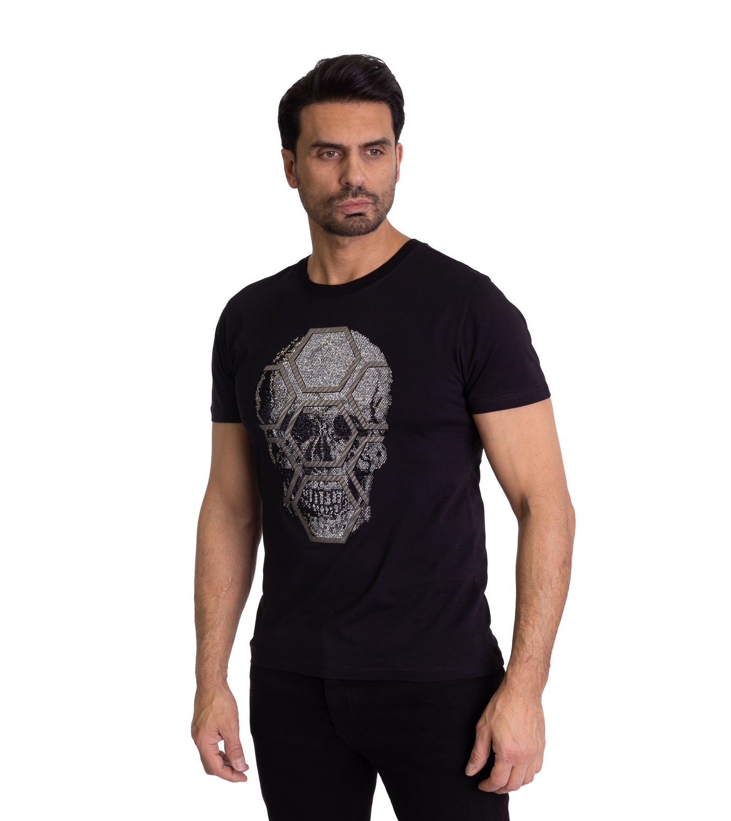 Herren T-Shirt, Body Fit, Strass Druck "Totenkopf", Modell T44, Weiß oder Schwarz