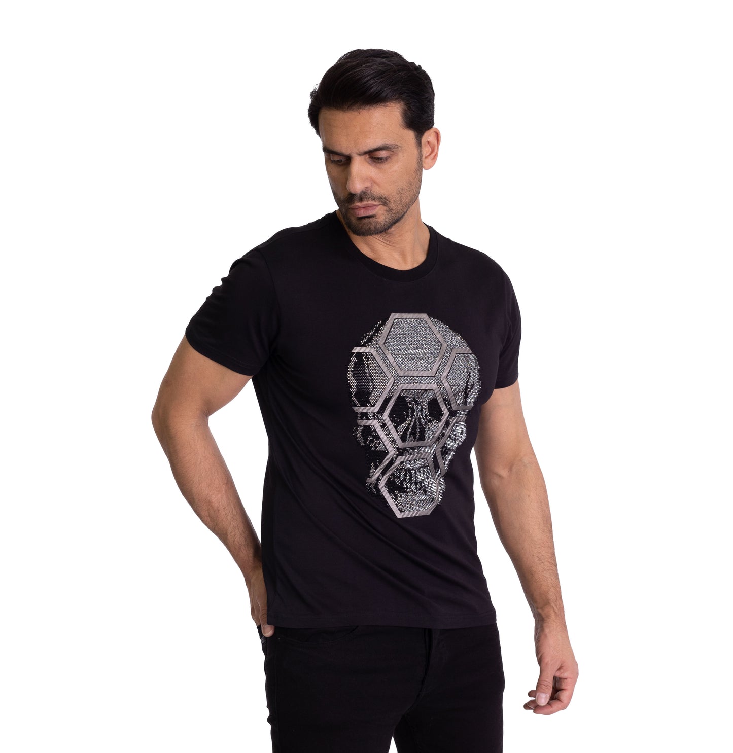 Herren T-Shirt, Body Fit, Strass Druck "Totenkopf", Modell T44, Weiß oder Schwarz