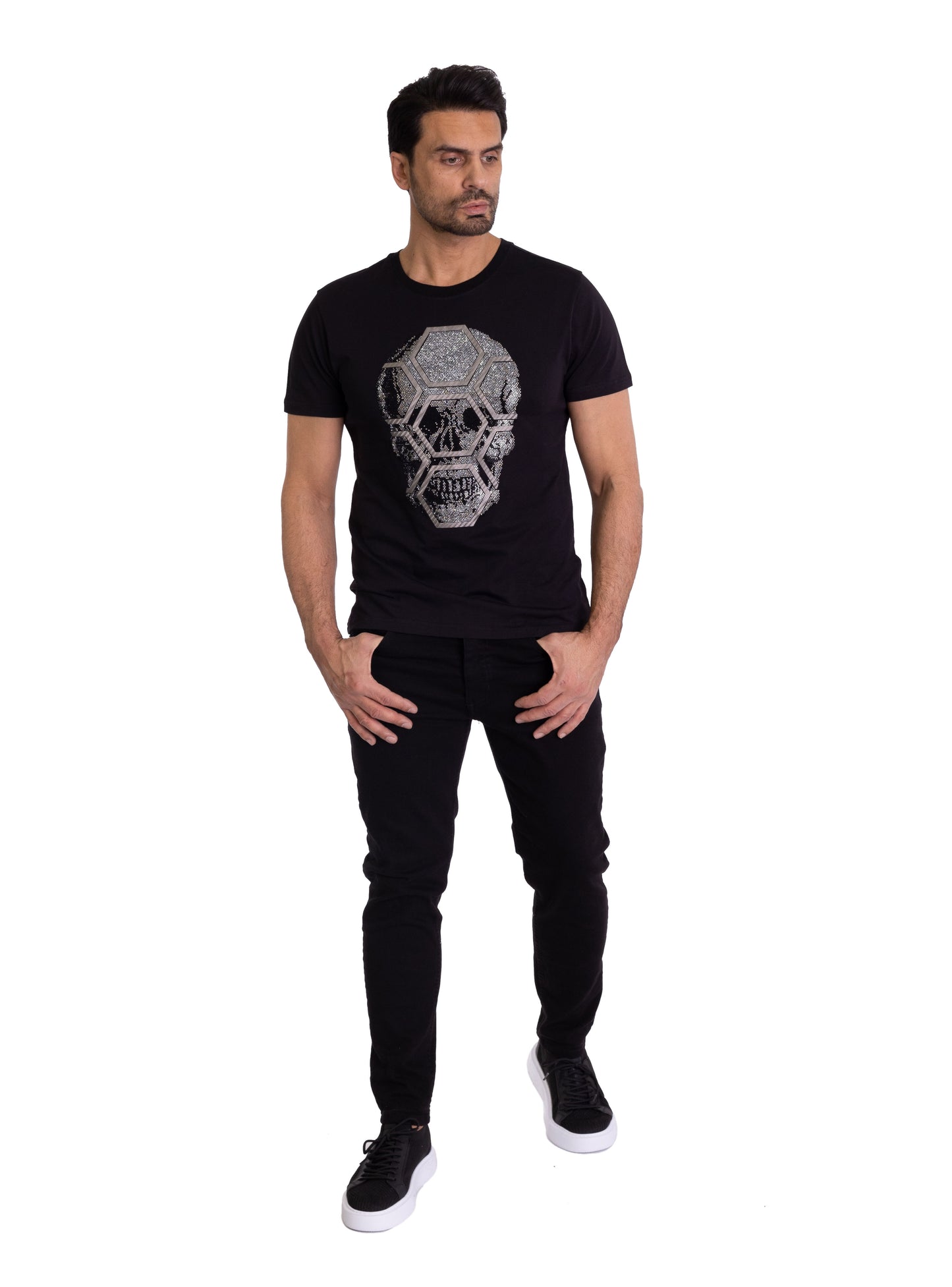 Herren T-Shirt, Body Fit, Strass Druck "Totenkopf", Modell T44, Weiß oder Schwarz