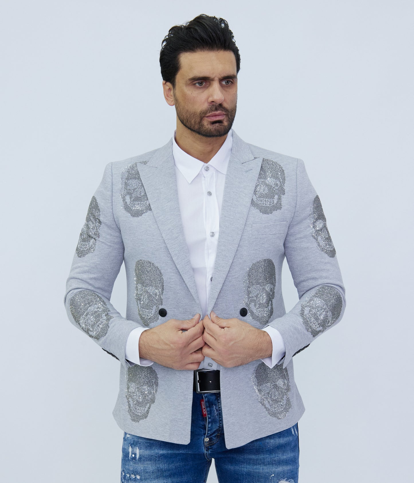 Herren Sakko Blazer Jersey Totenkopf Strass Grau